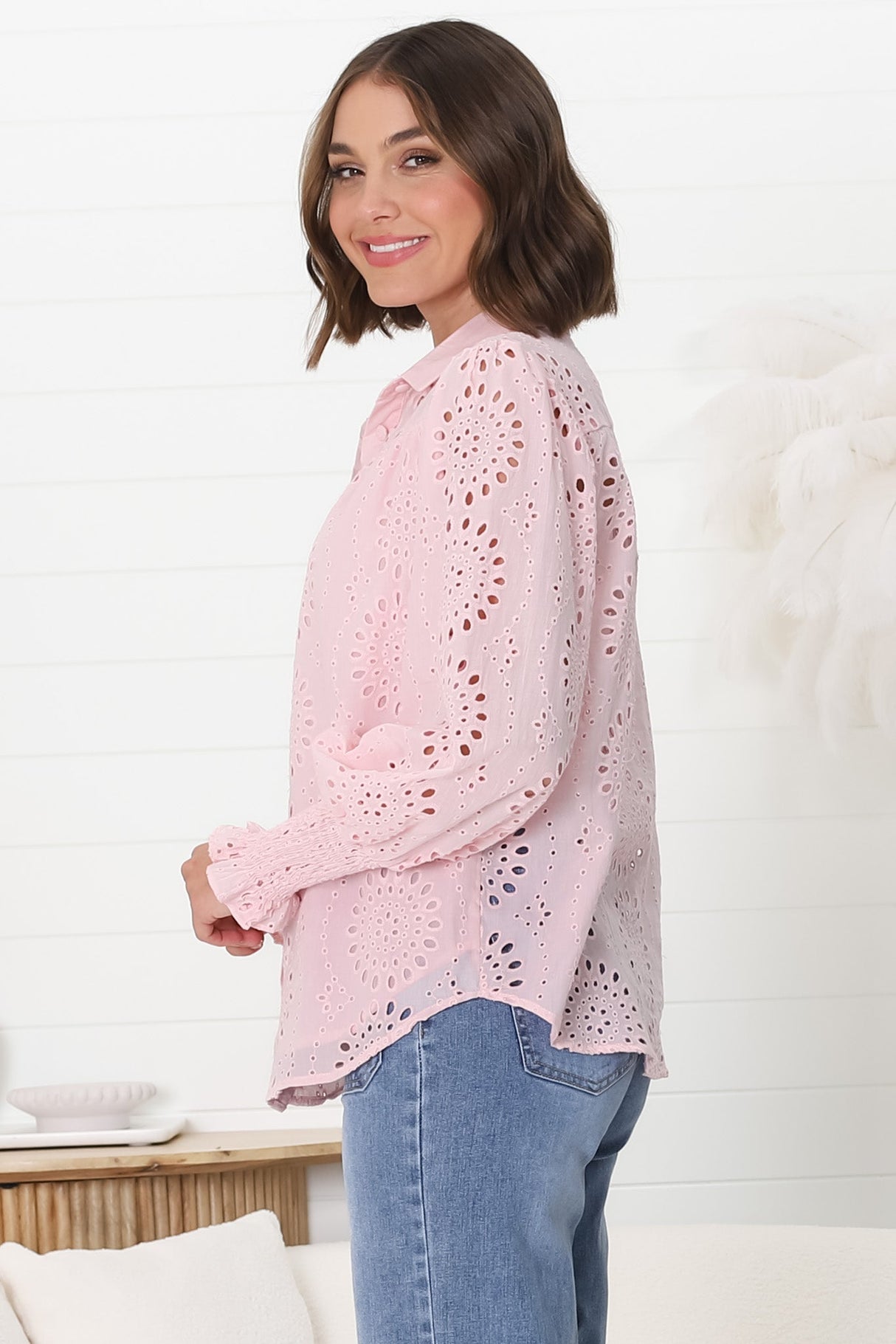 Benton Blouse - Hollow Out Embroidered Button Down Blouse in Pink