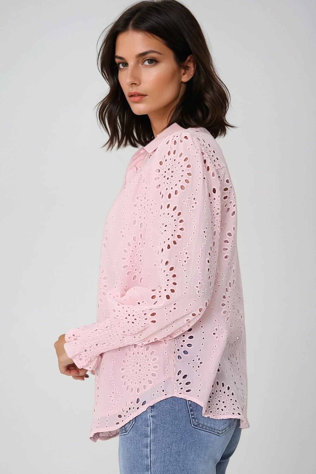 Benton Blouse - Hollow Out Embroidered Button Down Shirt in Pink