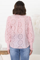 Benton Blouse - Hollow Out Embroidered Button Down Blouse in Pink