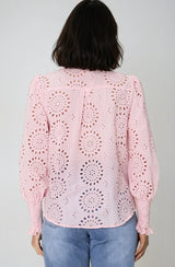 Benton Blouse - Hollow Out Embroidered Button Down Shirt in Pink