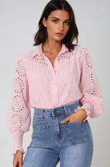 Benton Blouse - Hollow Out Embroidered Button Down Shirt in Pink