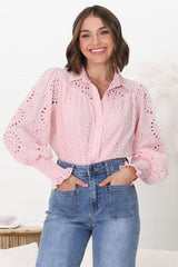 Benton Blouse - Hollow Out Embroidered Button Down Blouse in Pink