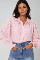 Benton Blouse - Hollow Out Embroidered Button Down Shirt in Pink