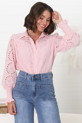 Benton Blouse - Hollow Out Embroidered Button Down Blouse in Pink