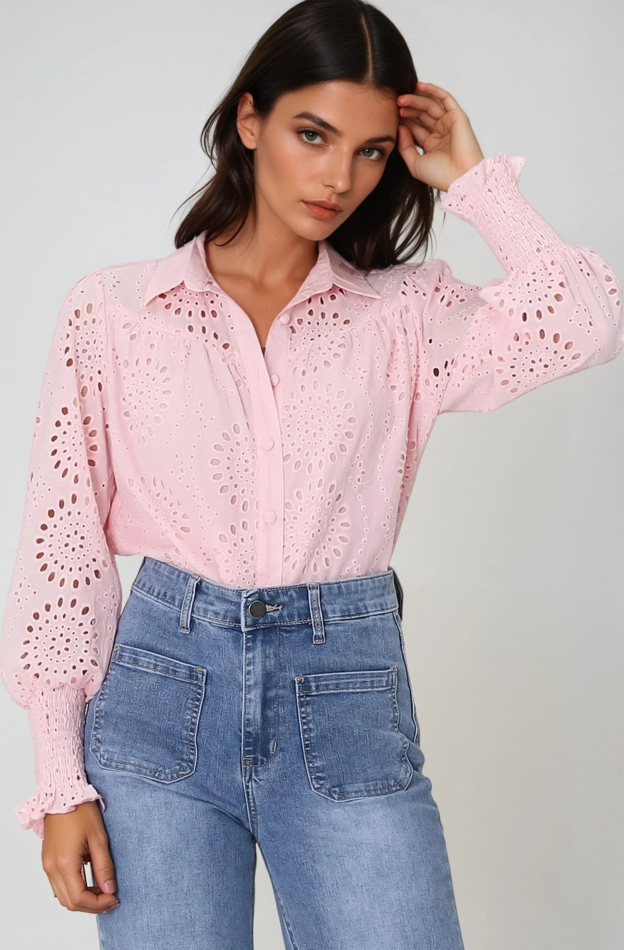 Benton Blouse - Hollow Out Embroidered Button Down Shirt in Pink