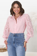 Benton Blouse - Hollow Out Embroidered Button Down Blouse in Pink