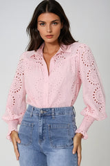 Benton Blouse - Hollow Out Embroidered Button Down Shirt in Pink