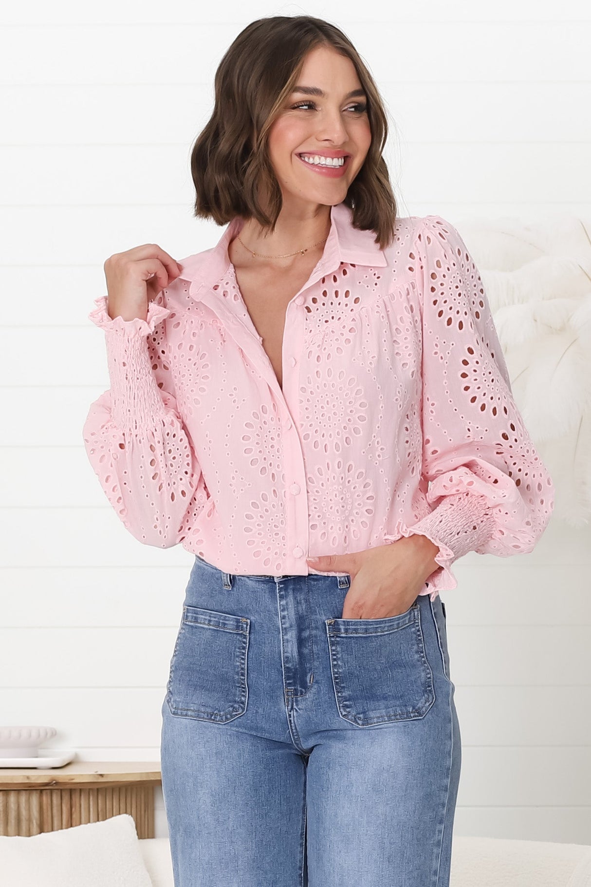 Benton Blouse - Hollow Out Embroidered Button Down Blouse in Pink