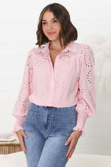 Benton Blouse - Hollow Out Embroidered Button Down Blouse in Pink