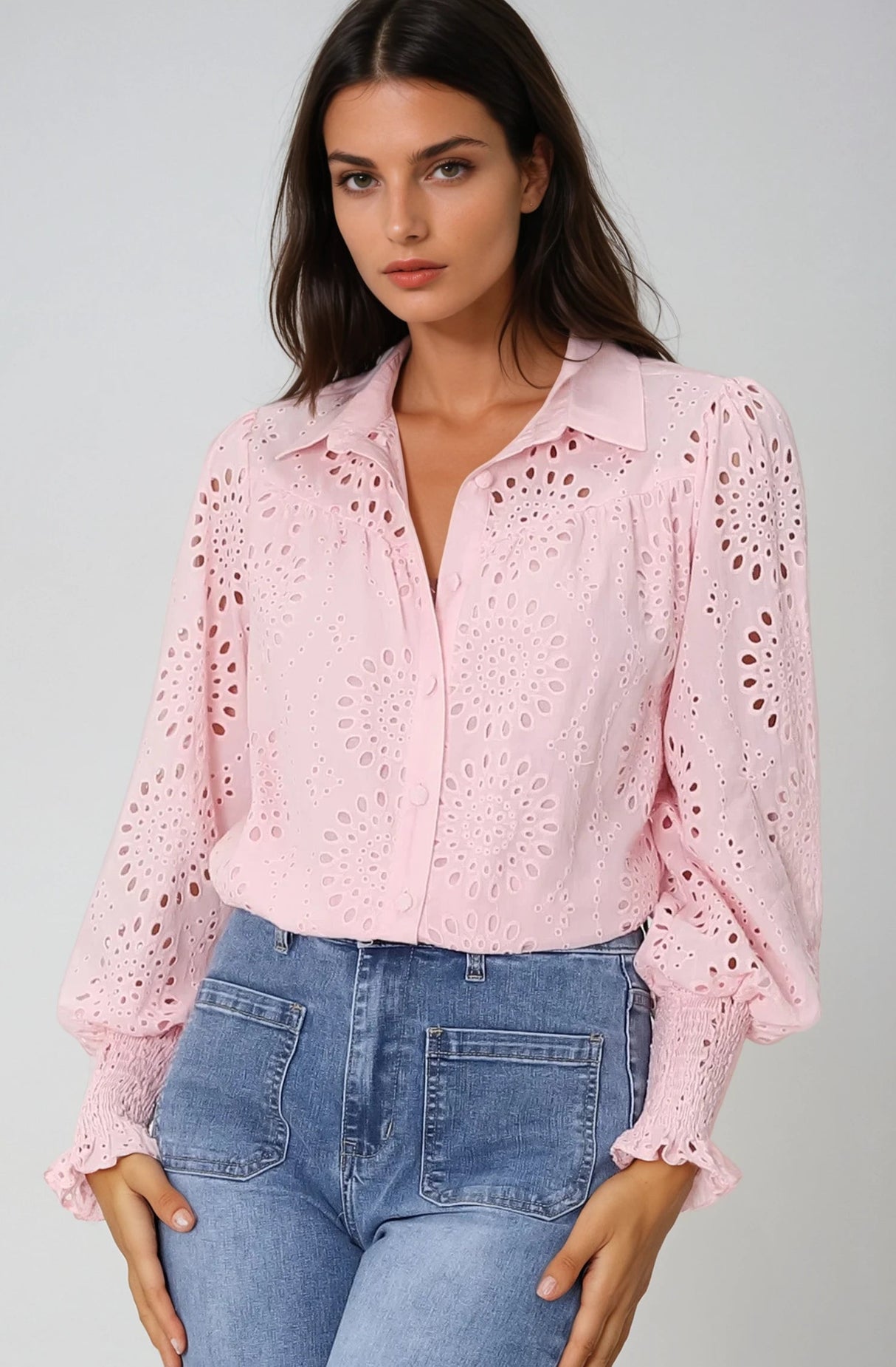 Benton Blouse - Hollow Out Embroidered Button Down Shirt in Pink