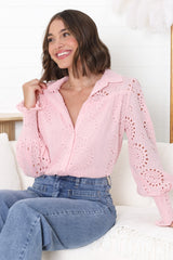 Benton Blouse - Hollow Out Embroidered Button Down Blouse in Pink