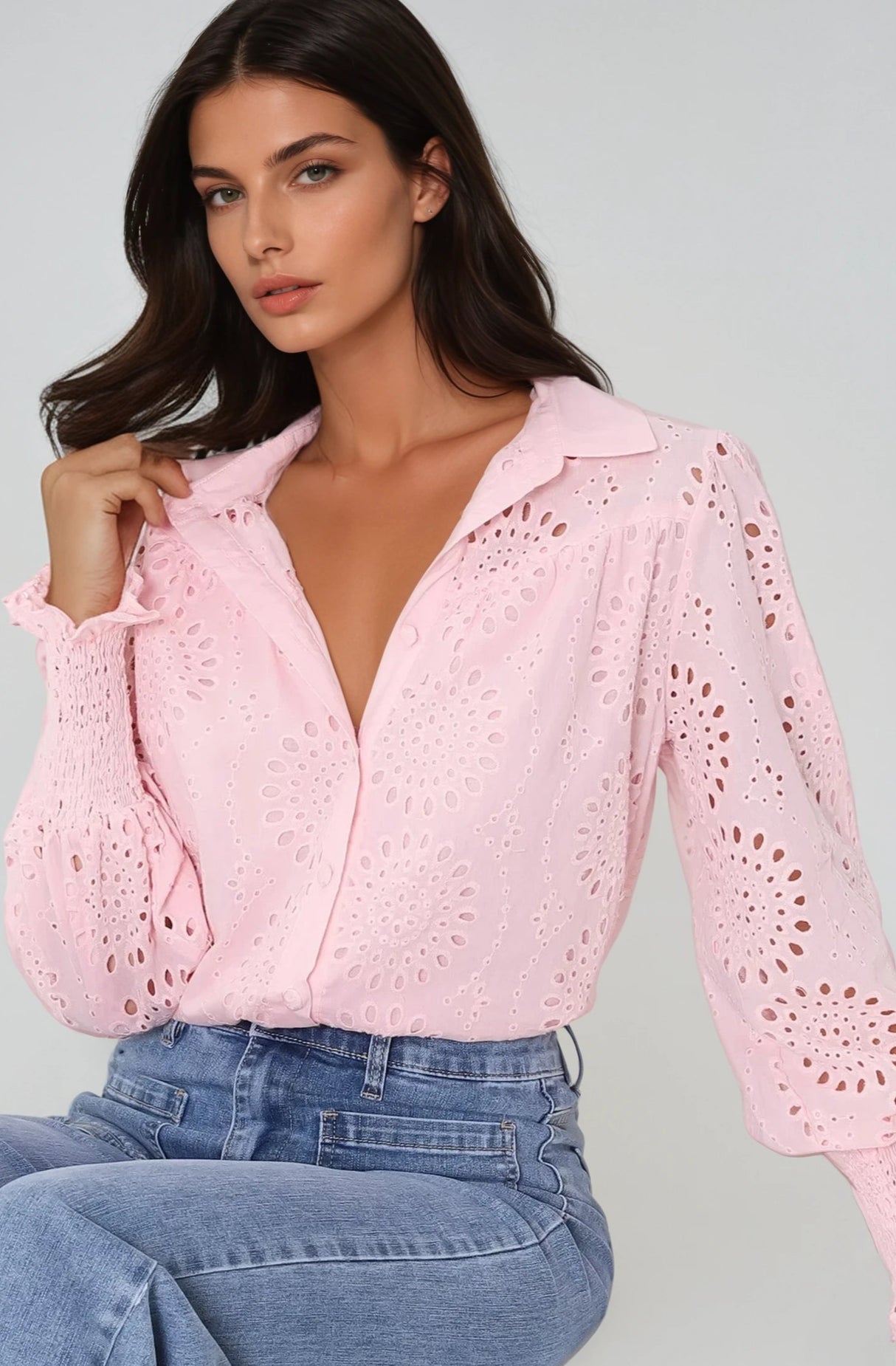 Benton Blouse - Hollow Out Embroidered Button Down Shirt in Pink