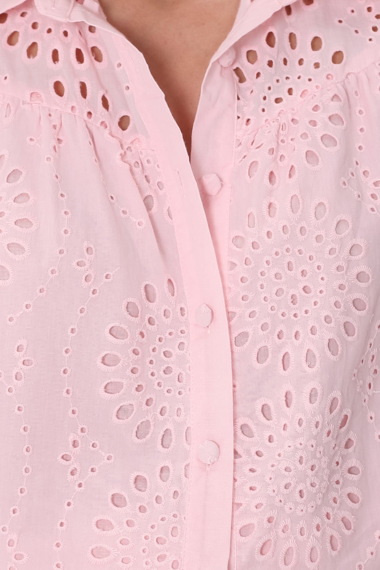 Benton Blouse - Hollow Out Embroidered Button Down Shirt in Pink