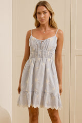 Scottie Mini Dress - Embroidered Stripe Smocked Waist Sun Dress with Pockets Blue
