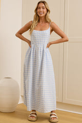 Danessa Midi Dress - Square Neck Sun Dress with Adjustable Straps and Pockets in Blue Gingham