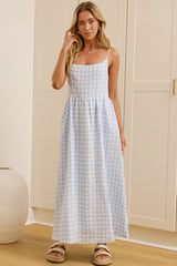 Danessa Midi Dress - Square Neck Sun Dress with Adjustable Straps and Pockets in Blue Gingham