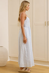Danessa Midi Dress - Square Neck Sun Dress with Adjustable Straps and Pockets in Blue Gingham