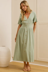Cyan Midi Dress  - V Neckline Dress in Sage