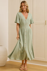 Cyan Midi Dress  - V Neckline Dress in Sage