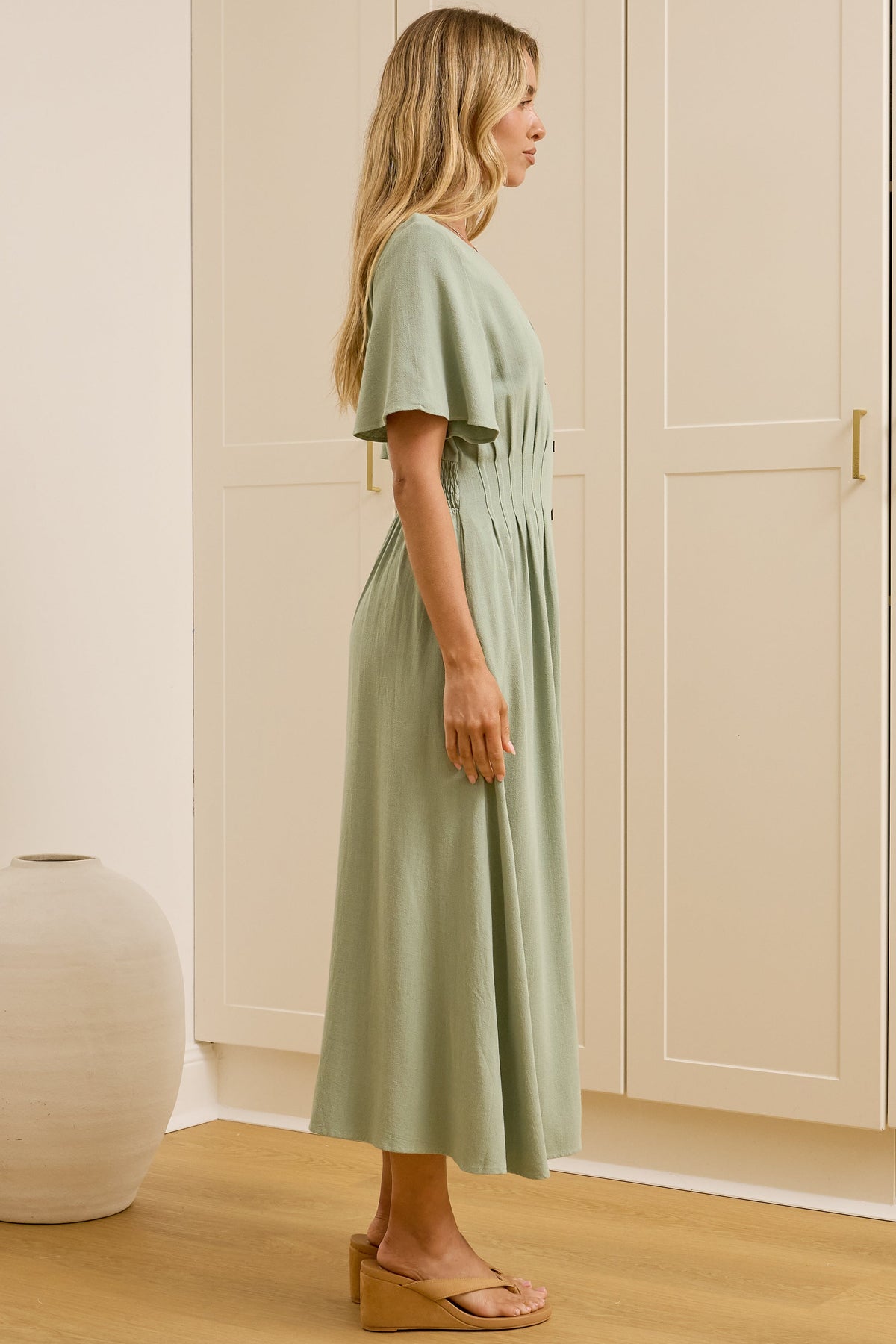 Cyan Midi Dress  - V Neckline Dress in Sage