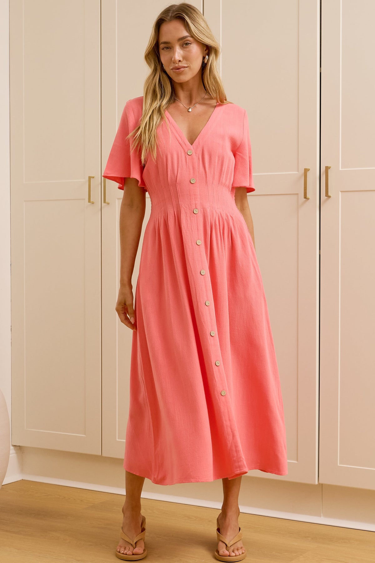 Cyan Midi Dress  - V Neckline Dress in Pink