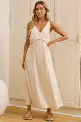 Lielle Midi Dress - V Neck A Line Linen Dress with Pockets in Beige