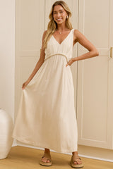 Lielle Midi Dress - V Neck A Line Linen Dress with Pockets in Beige