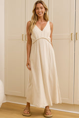 Lielle Midi Dress - V Neck A Line Linen Dress with Pockets in Beige