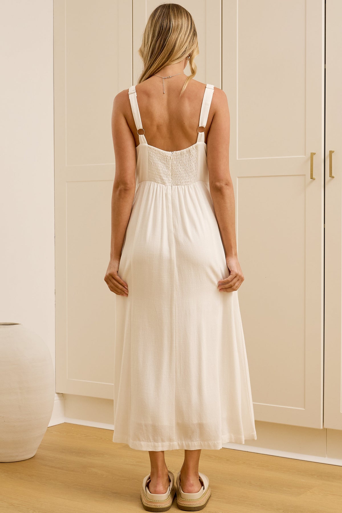 Lielle Midi Dress - V Neck A Line Linen Dress with Pockets in White
