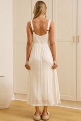 Lielle Midi Dress - V Neck A Line Linen Dress with Pockets in White