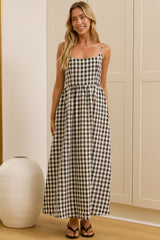 Danessa Midi Dress - Square Neck Sun Dress with Adjustable Straps and Pockets in Black Gingham