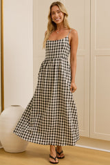 Danessa Midi Dress - Square Neck Sun Dress with Adjustable Straps and Pockets in Black Gingham