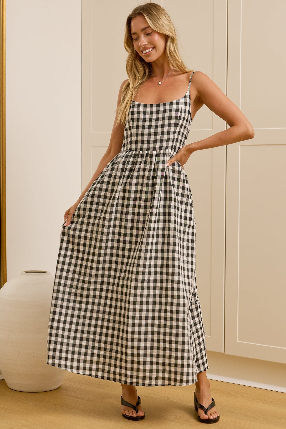 Danessa Midi Dress - Square Neck Sun Dress with Adjustable Straps and Pockets in Black Gingham