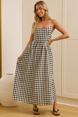 Danessa Midi Dress - Square Neck Sun Dress with Adjustable Straps and Pockets in Black Gingham