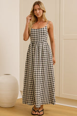 Danessa Midi Dress - Square Neck Sun Dress with Adjustable Straps and Pockets in Black Gingham