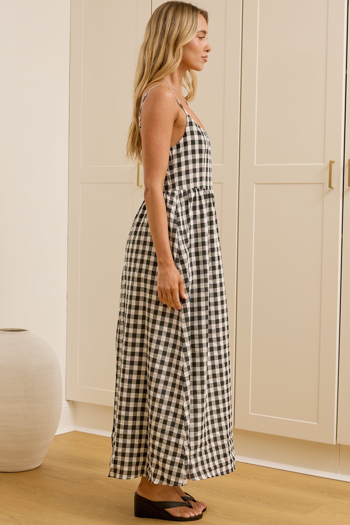 Danessa Midi Dress - Square Neck Sun Dress with Adjustable Straps and Pockets in Black Gingham