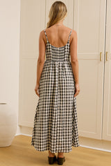 Danessa Midi Dress - Square Neck Sun Dress with Adjustable Straps and Pockets in Black Gingham