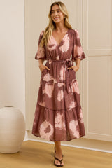 Kellee Midi Dress - V-Neckline Tiered Dress with Balloon Sleeves in Harlett Print