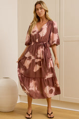 Kellee Midi Dress - V-Neckline Tiered Dress with Balloon Sleeves in Harlett Print