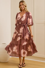 Kellee Midi Dress - V-Neckline Tiered Dress with Balloon Sleeves in Harlett Print