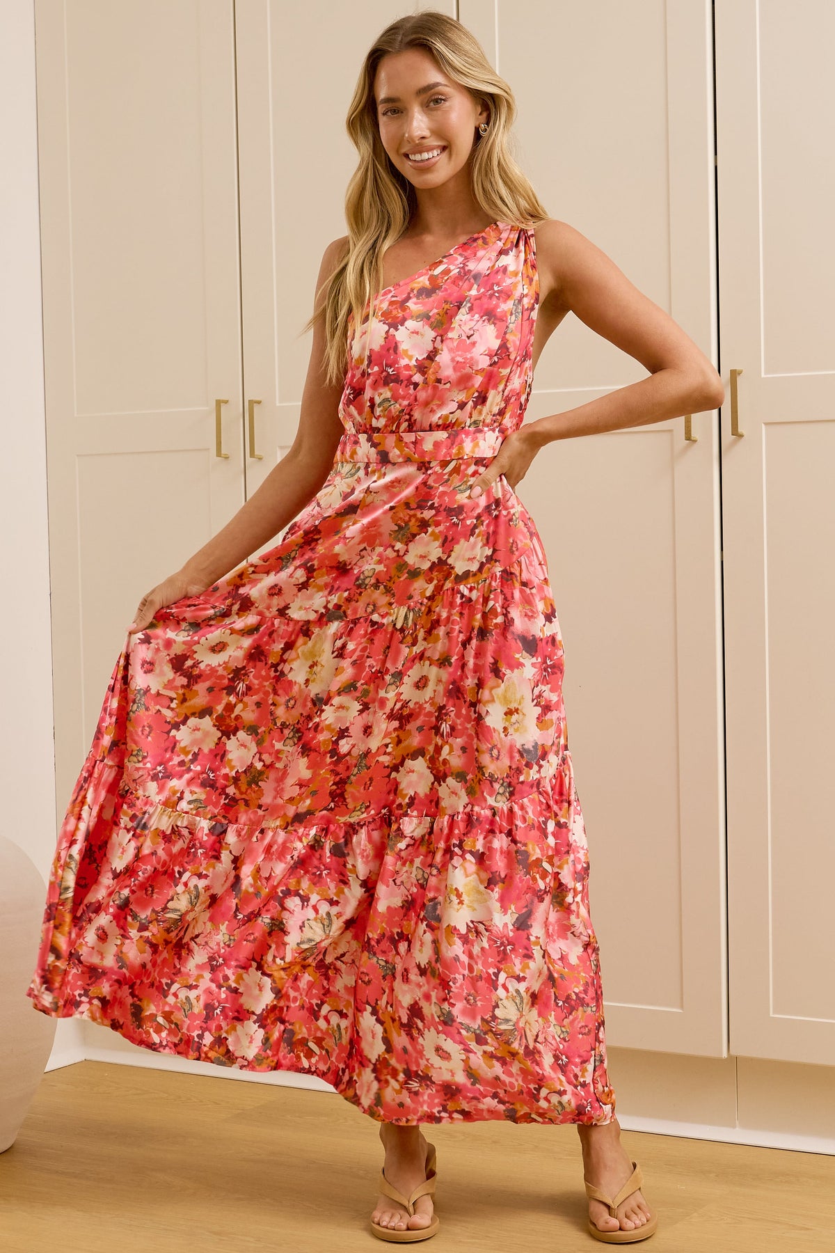 Darcy Midi Dress - One Shoulder A Line Dress with Pockets in Riviera Print Pink