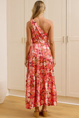 Darcy Midi Dress - One Shoulder A Line Dress with Pockets in Riviera Print Pink