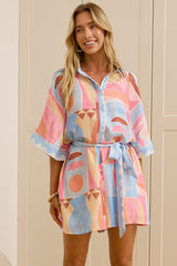 Robina Playsuit - Collared Button Down Front with Detatchable Waist Tie in Coralie Print