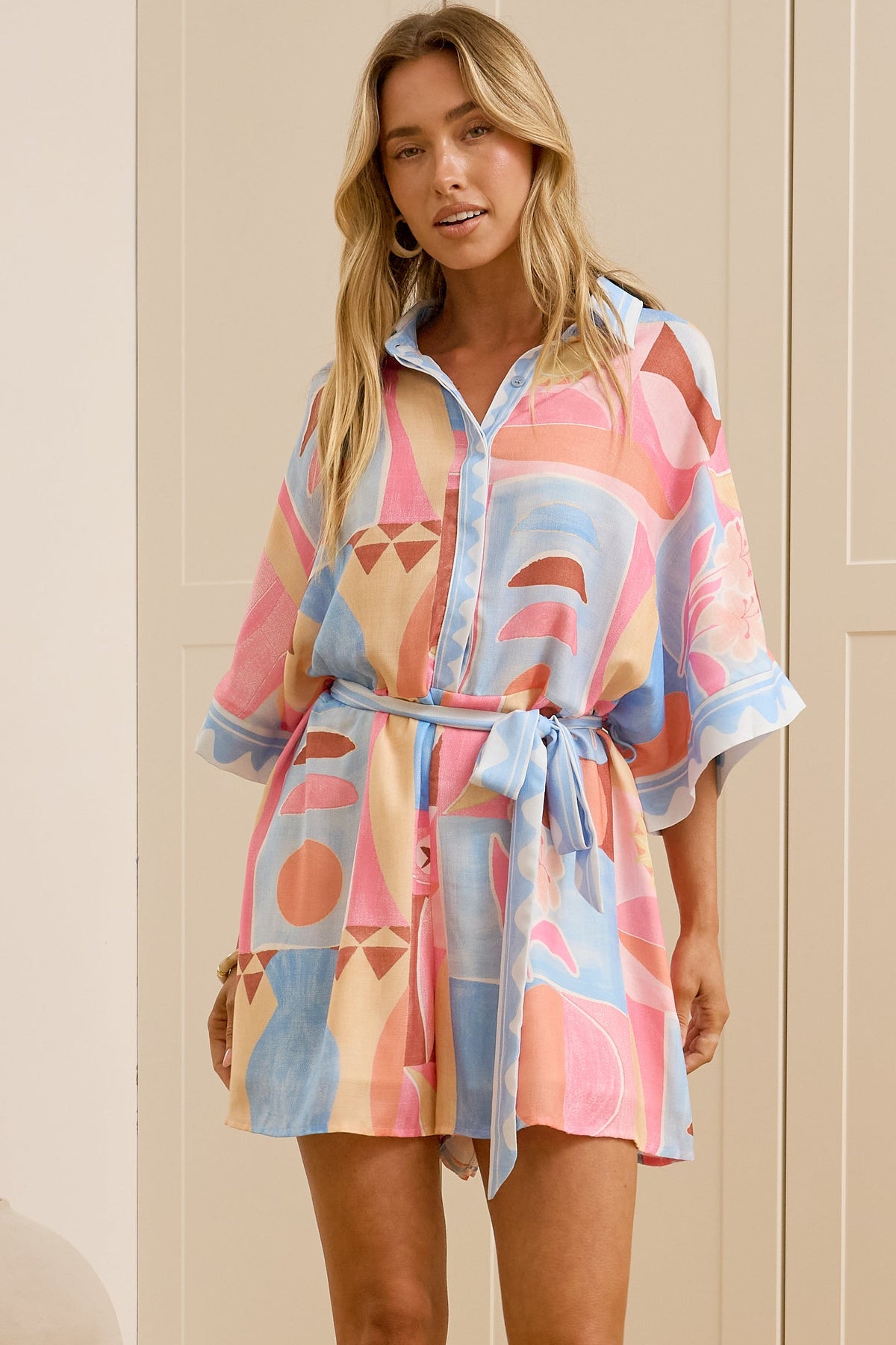 Robina Playsuit - Collared Button Down Front with Detatchable Waist Tie in Coralie Print