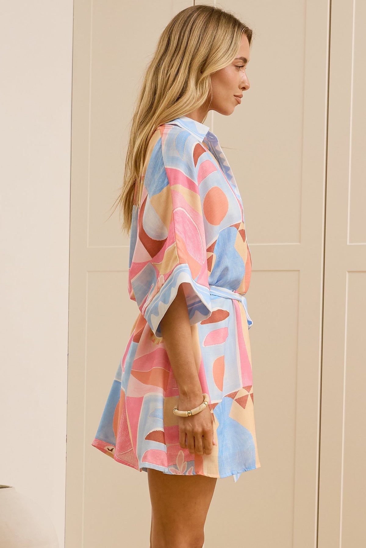 Robina Playsuit - Collared Button Down Front with Detatchable Waist Tie in Coralie Print
