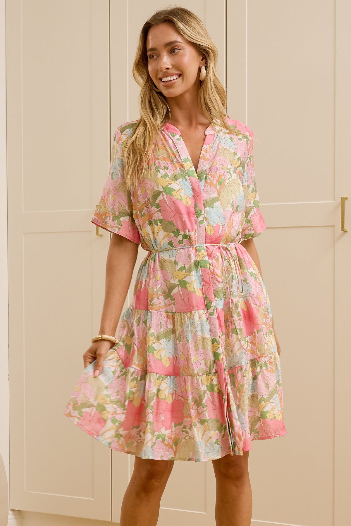 Alissa Mini Dress - Mandarin Collar Shirt Dress with Waist Tie in Wisteria Print