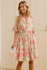 Alissa Mini Dress - Mandarin Collar Shirt Dress with Waist Tie in Wisteria Print
