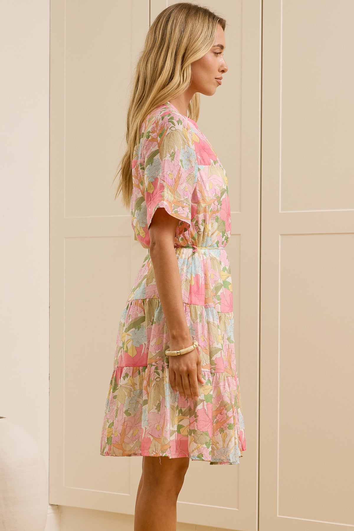 Alissa Mini Dress - Mandarin Collar Shirt Dress with Waist Tie in Wisteria Print
