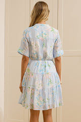 Alissa Mini Dress - Mandarin Collar Shirt Dress with Waist Tie in Camellia Print