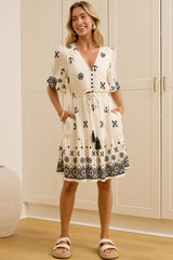 Scotlyn Mini Dress - V Neck Tasseled Drawstring Waist Mini with Pockets in Beige